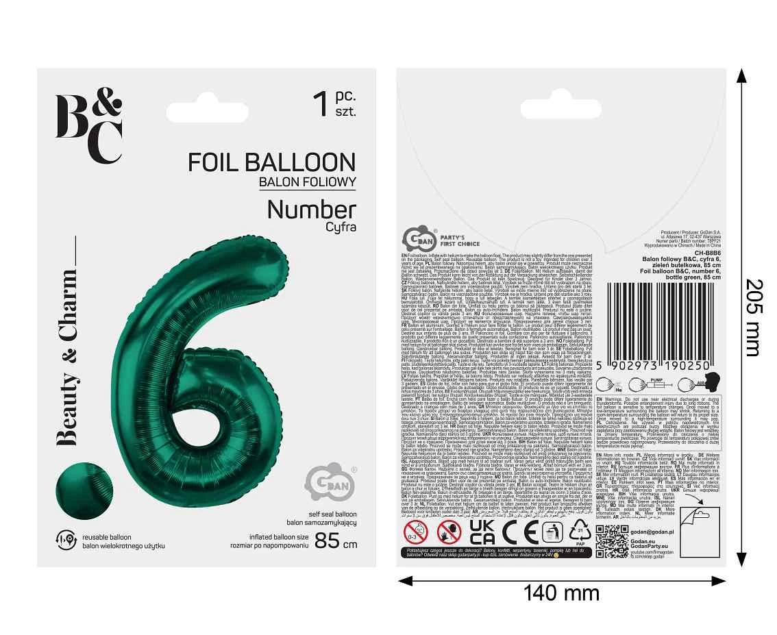 Foil balloon B&C, number 6, bottle green, 85 cm